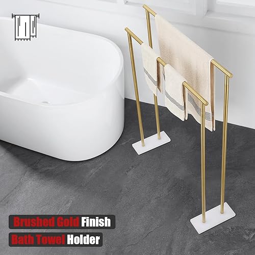 Miniatura 5 de JQK BTH120L30-WG - Toallero de baño de pie independiente, color dorado, de 30 pulgadas, estante doble para toallas para suelo de baño, dorado