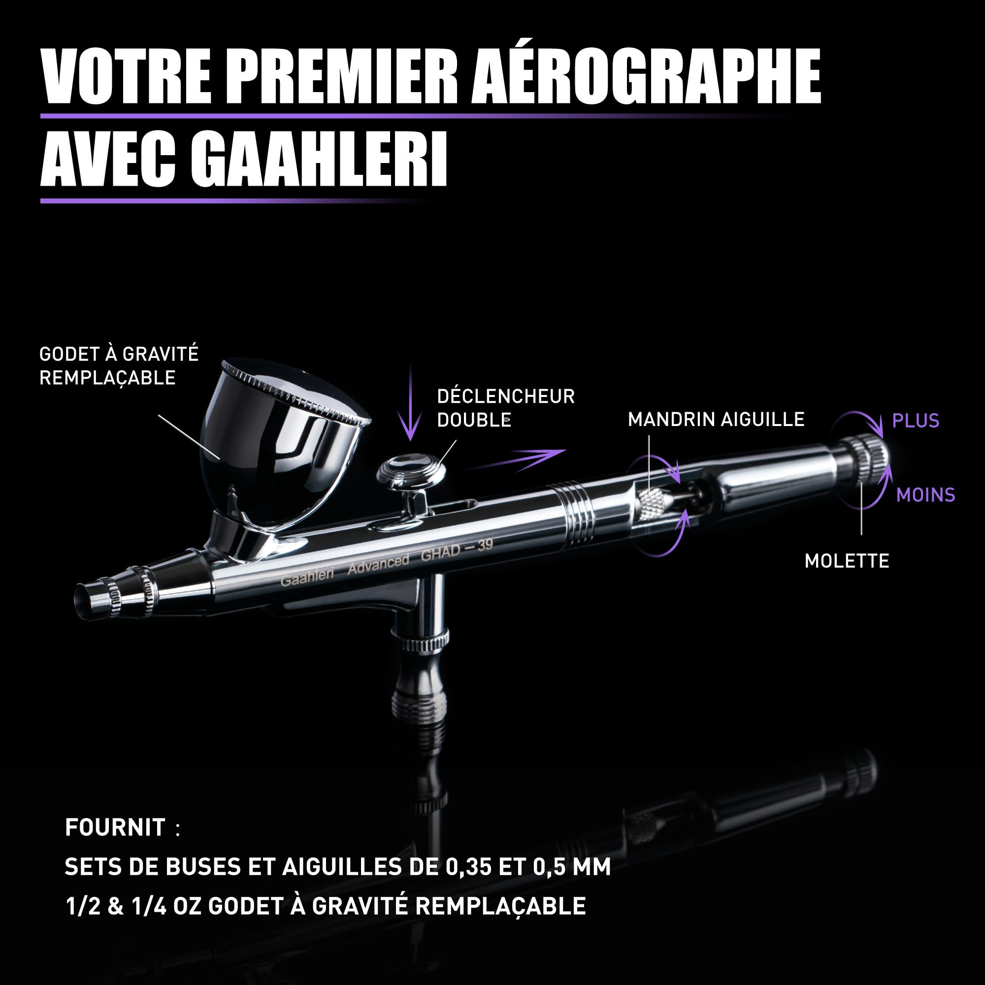 Gaahleri Aérographe, Kit d'aérographe avec Déclencheur double, Godet à gravité 1/2 et 1/4, Aiguille 0.35mm & 0.5mm, Séries Advanced GHAD-39