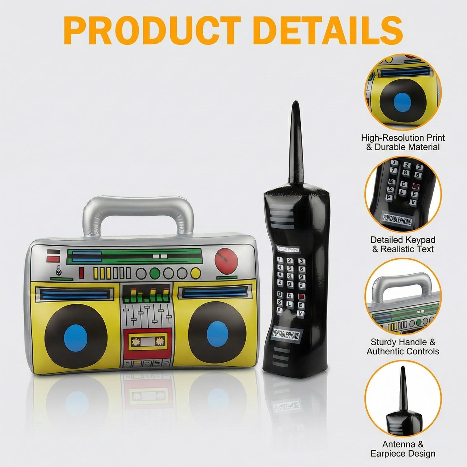Hopzab 2 PCS Inflatable Boom Box and Oversized Phone Props Set Inflatable Rock Star Toys Set-Blow up Radio Stereo and Jumbo Phone for Retro 80s 90s Party Fancy Dress Accessories Party Decorations - Image 3