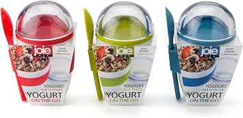 Joie Yogurt On The Go Portable Cup with Snap-On Spoon, Reusable Container with Separate Compartment for Granola, Durable and Leakproof, BPA-Free, Great for Lunches or Backpacks, Colors May Vary