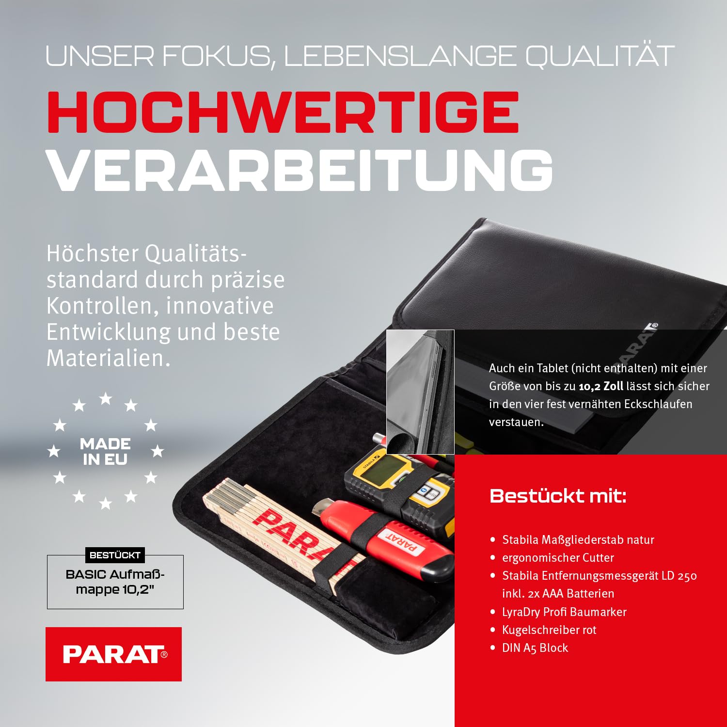 PARAT BASIC Aufmaßmappe 10,2" bestückt | Messmappe mit Laserentfernungsmesser, Zollstock & Tabletfach | Aufmaß-Set für Handwerk & Bau | Werkzeugmappe aus Kunstleder | sofort einsatzbereit
