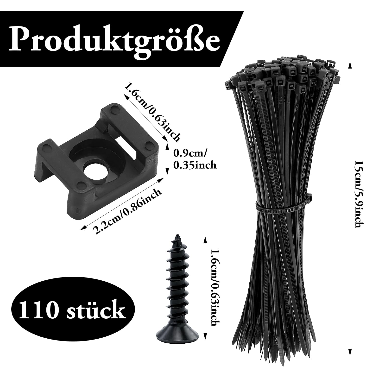 DYMHQ 200 stuks kabelhouders schroefbaar, schroefsokkel, kabelbinders, bevestigingssokkel met schroeven, nylon kabelhouder, kabelbinders, zwart, set voor kabelmanagement thuis en op kantoor