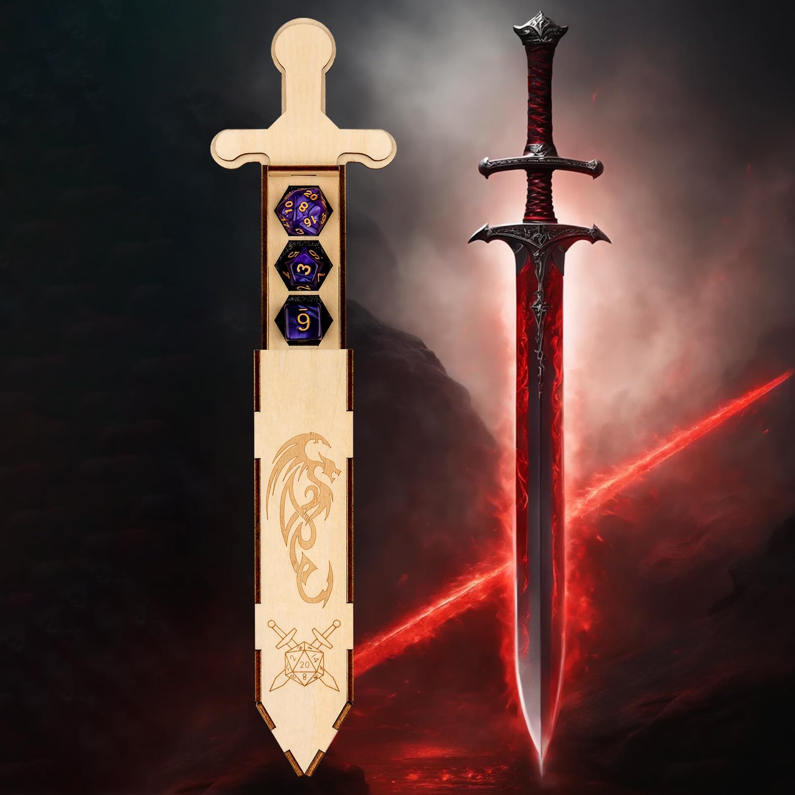 Portadadi a forma di spada con 7 dadi poliedrici viola, Contenitore in legno per accessori D&D, Scatola portaoggetti per giochi di ruolo, Set regalo per giochi da tavolo fantasy