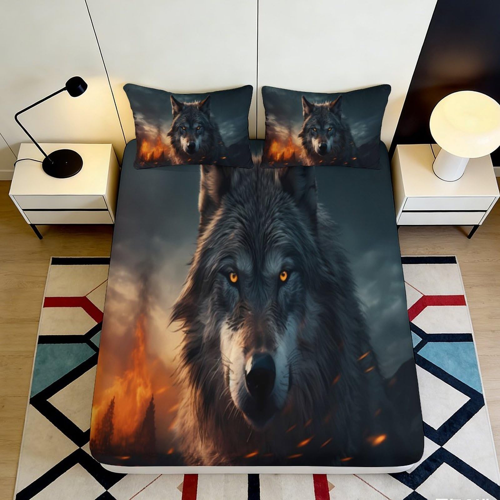 3D Printed Wolf Forest Fitted Sheet Microfiber Non-Slip Mattress Cover for Bedroom Dorm Easy Care Decor 116 140x200x25cm