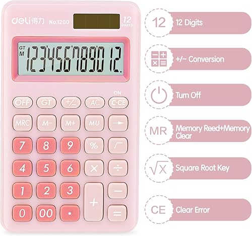 Miniatura 4 de Deli Calculadora básica de función estándar, calculadora de escritorio de 12 dígitos con pantalla LCD grande, calculadoras de oficina de energía