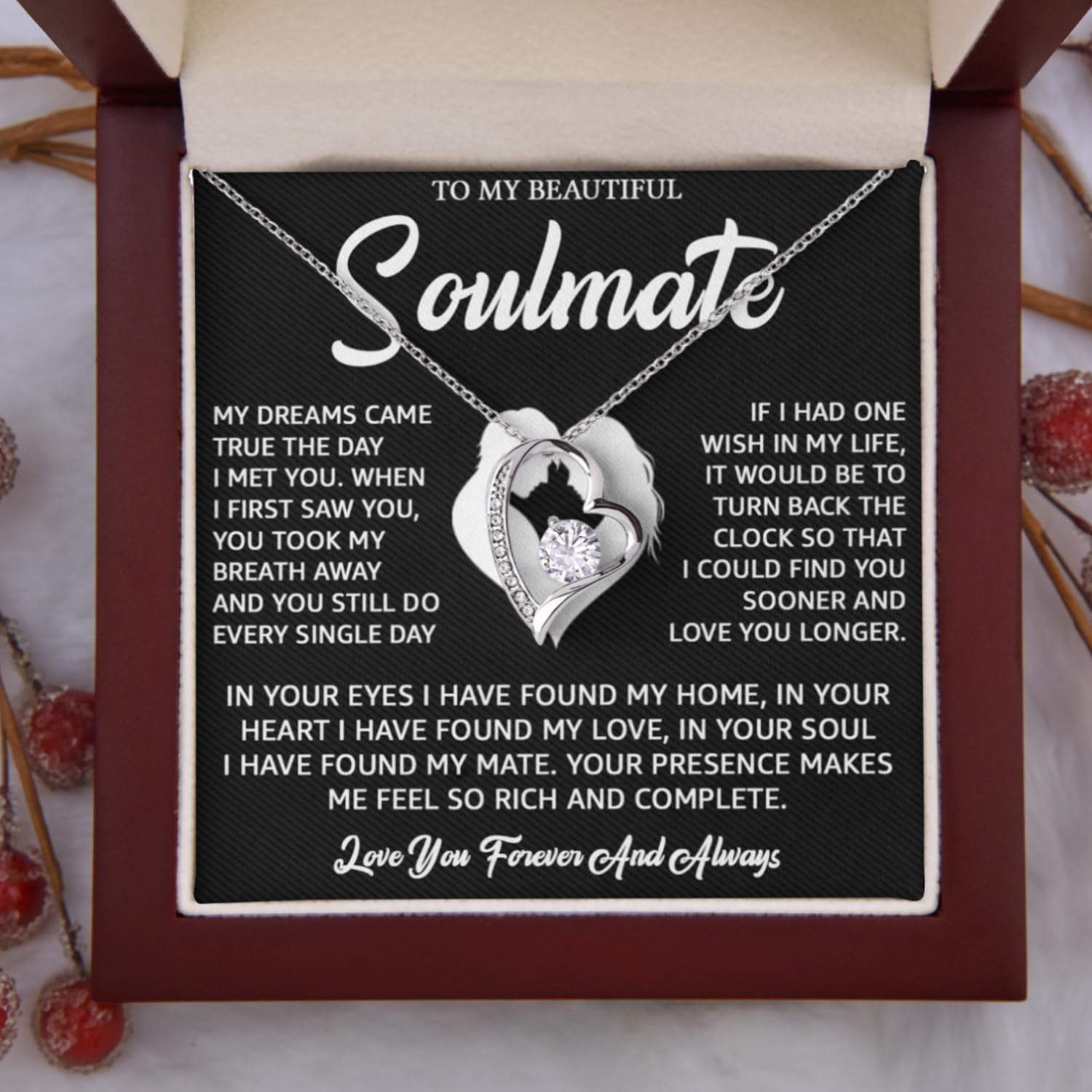 To My Beautiful Soulmate Necklace For Women, Romantic Gift For Girlfriend Or Wife, Meaningful Birthday & Anniversary Jewelry From Husband Or Boyfriend, Heart Pendant With Message Card