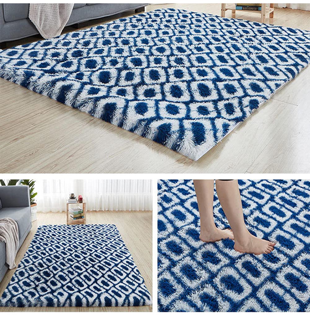 GZQIAWY Silky Fluffy Carpet Modern Home Decor Long Plush Shaggy Rug Children's Play Mats Sofa Living Bedroom Bedside Mat Balcony Carpets Dark blue-white square 120 X 120 cm