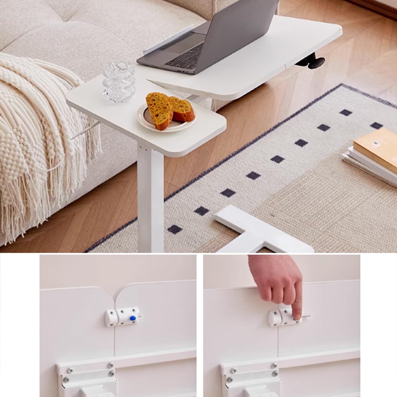 Mesa para cama con ruedas ocultas, escritorio elevador móvil para laptop con panel abatible para dormitorio y sala de estar