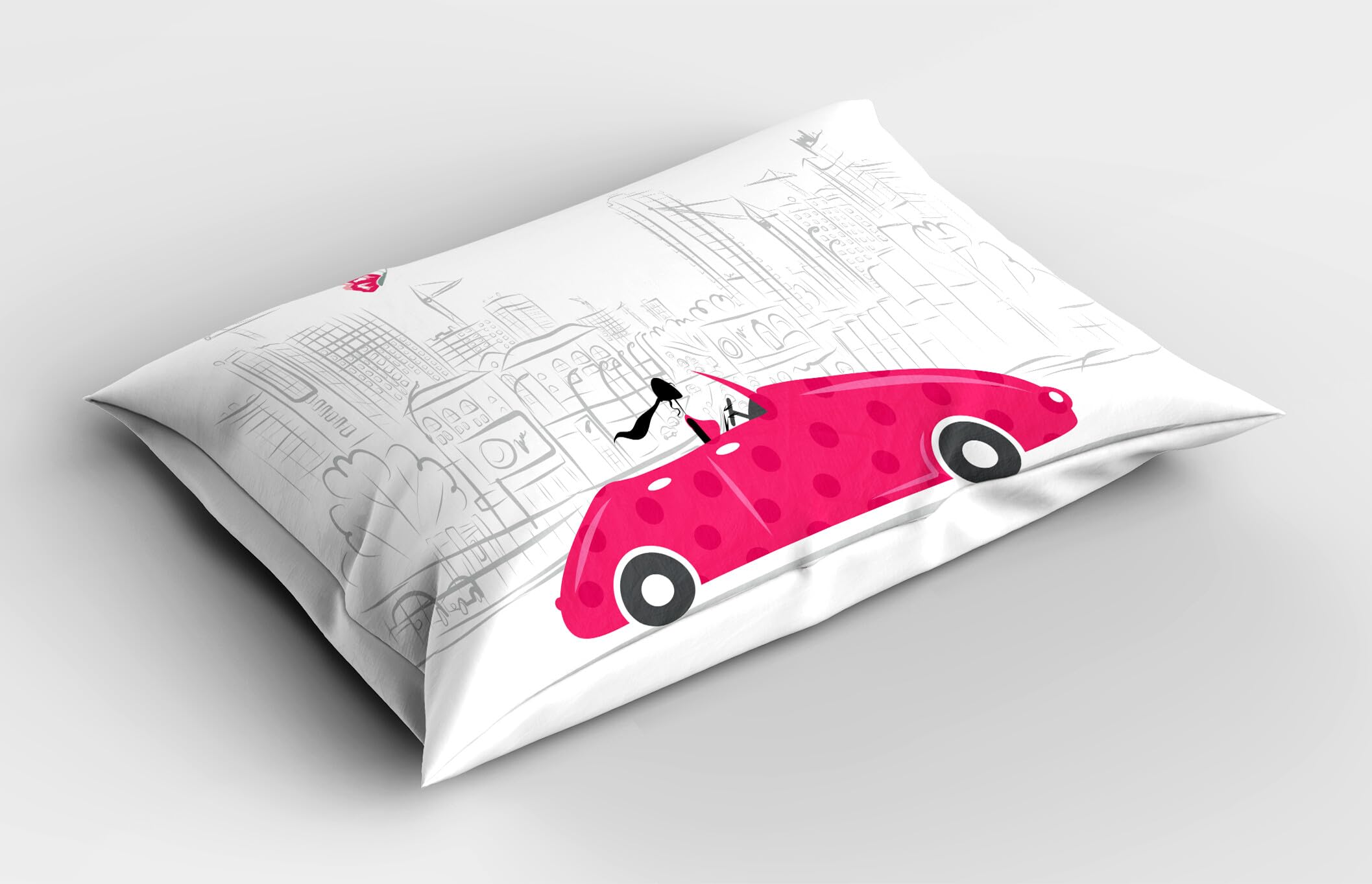 Ambesonne Cars Pillow Sham Set of 2, Woman Driving Pink Vintage Car Sketchy Cityscape and Butterfly Girls Cartoon, Quality Microfiber Bedding Item for All Seasons, 30