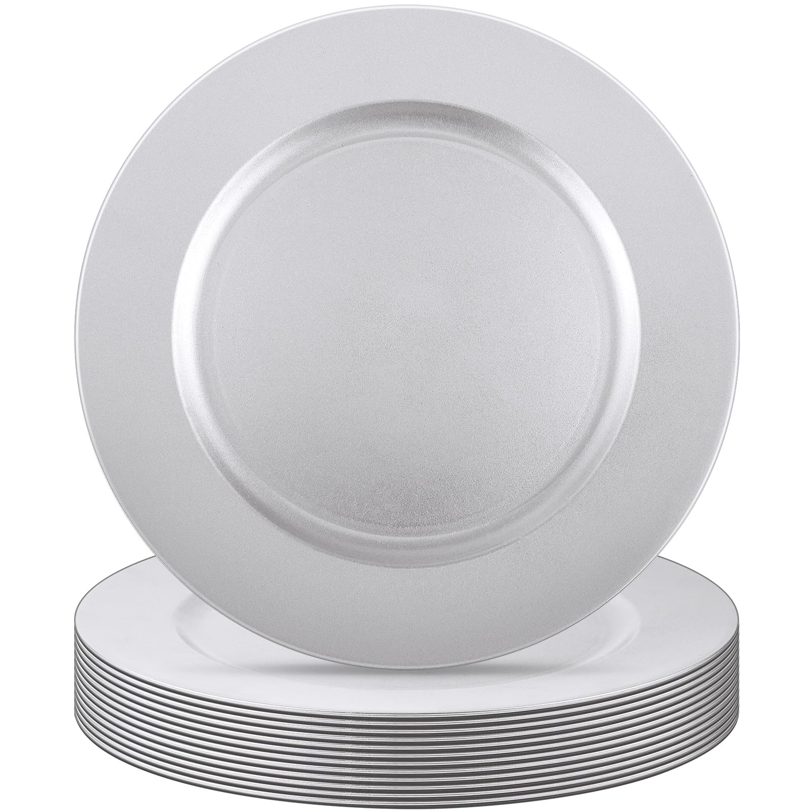 Tanlade 12 Pcs 13 Inch Charger Plates Bulk Round Wedding Chargers Plastic Dinner Plates for Table Setting Wedding Party Decoration (Silver White)