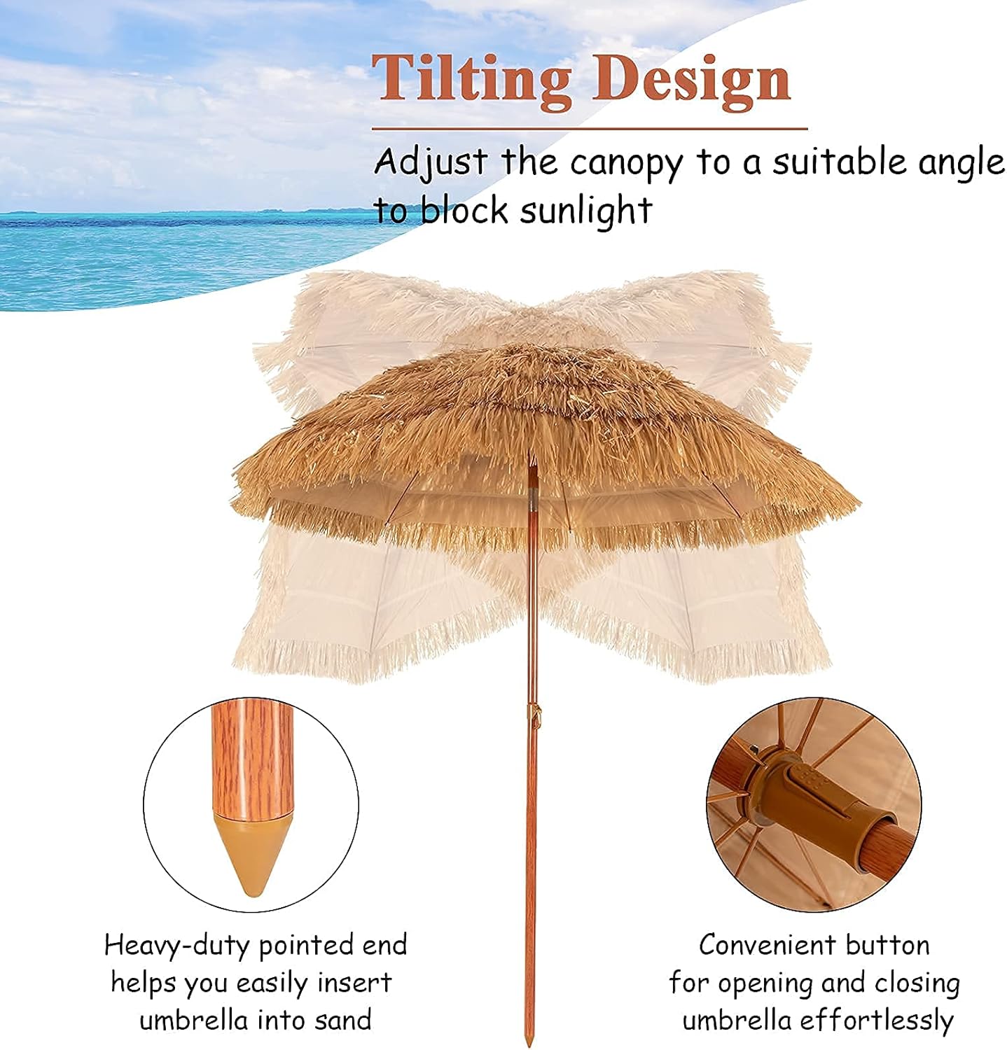 Giantex 6.5Ft Thatched Tiki Umbrella, Hawaiian Style Patio Grass Umbrella with 8 Ribs & Tilt Adjustment, Outdoor Portable Beach Sunshade for Yard, Garden & Poolside