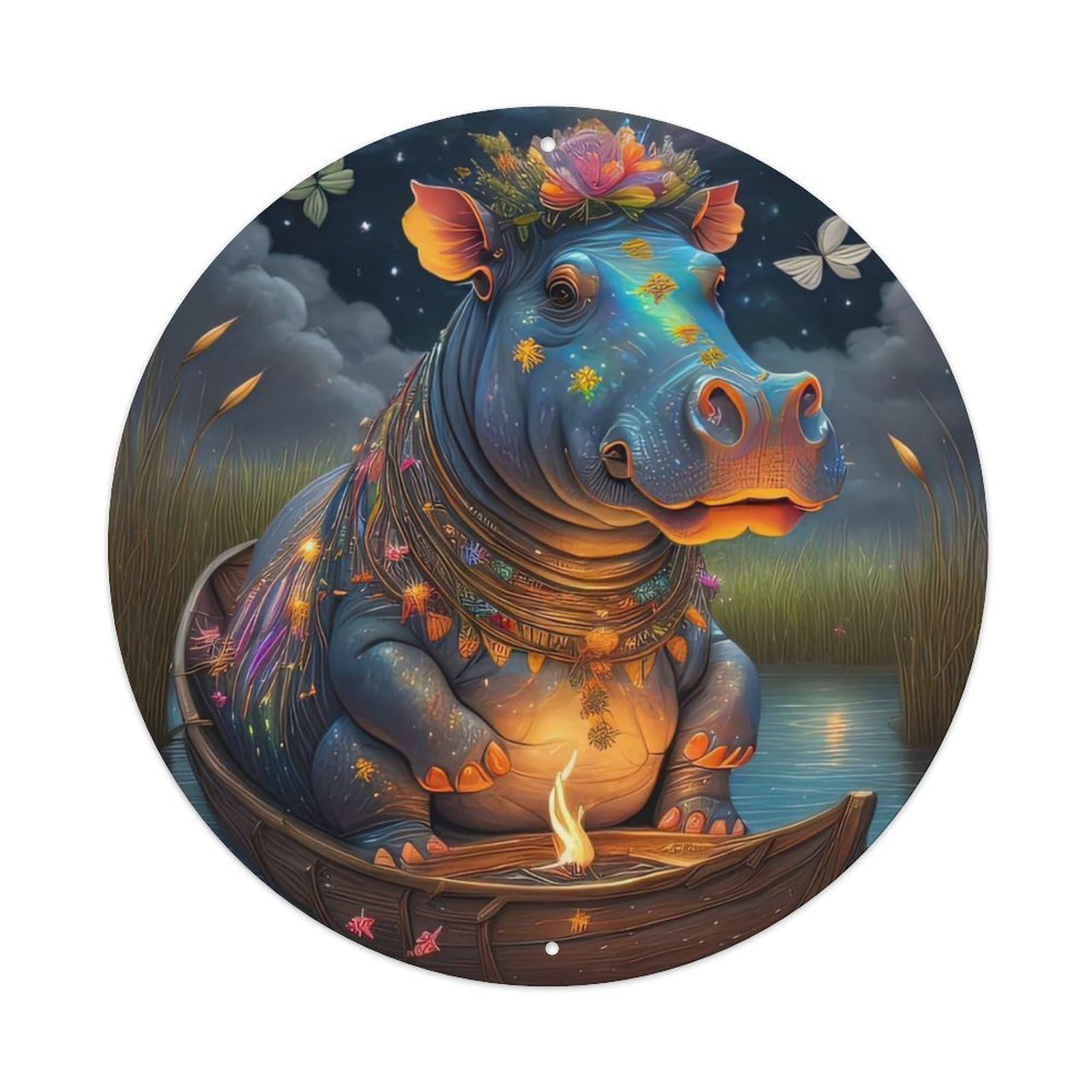 Animal Artwork Hippo in Boat Vintage Metal Tin Sign Plaque Wall Decor for Cafe, Club Bar, Office, Garden Metal Poster 8x8Inch