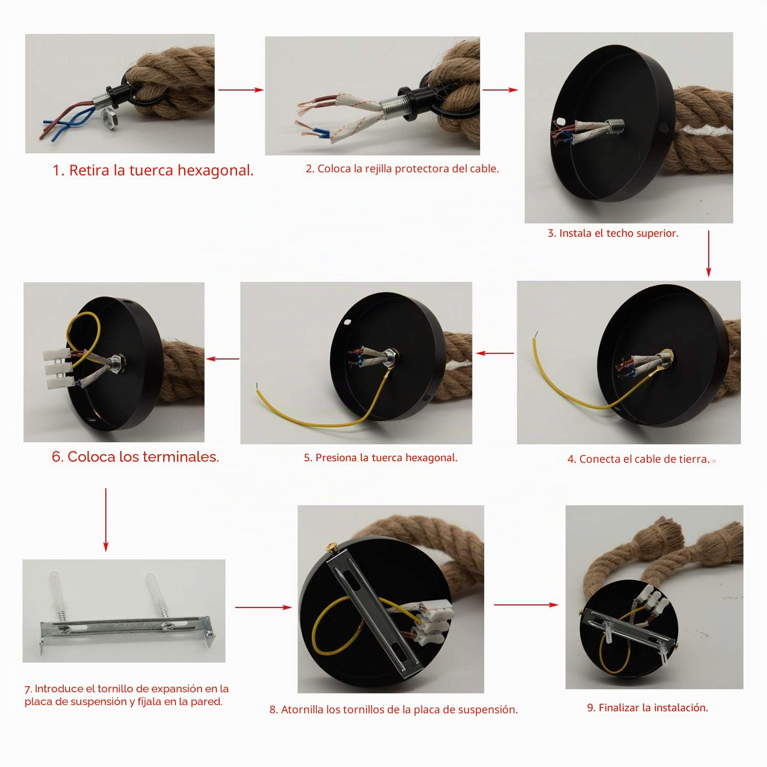 Vecys Lámpara Colgante de Doble Cabezal en Cuerda de Cáñamo Lampara Techo Cuerdas Lapara de Cuerda Lampara Cuerda Vintage para Cafeterías, Restaurantes, Bares, etc. (300 CM)