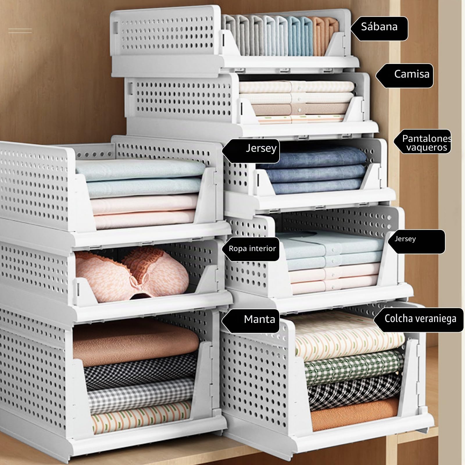 Organizador de almacenamiento para armario, 2 cestas apilables pequeñas, 43 x 33,5 x 14 cm, contenedores de plástico multiusos para armario, baño, oficina, hogar, juguetes, libros, ropa