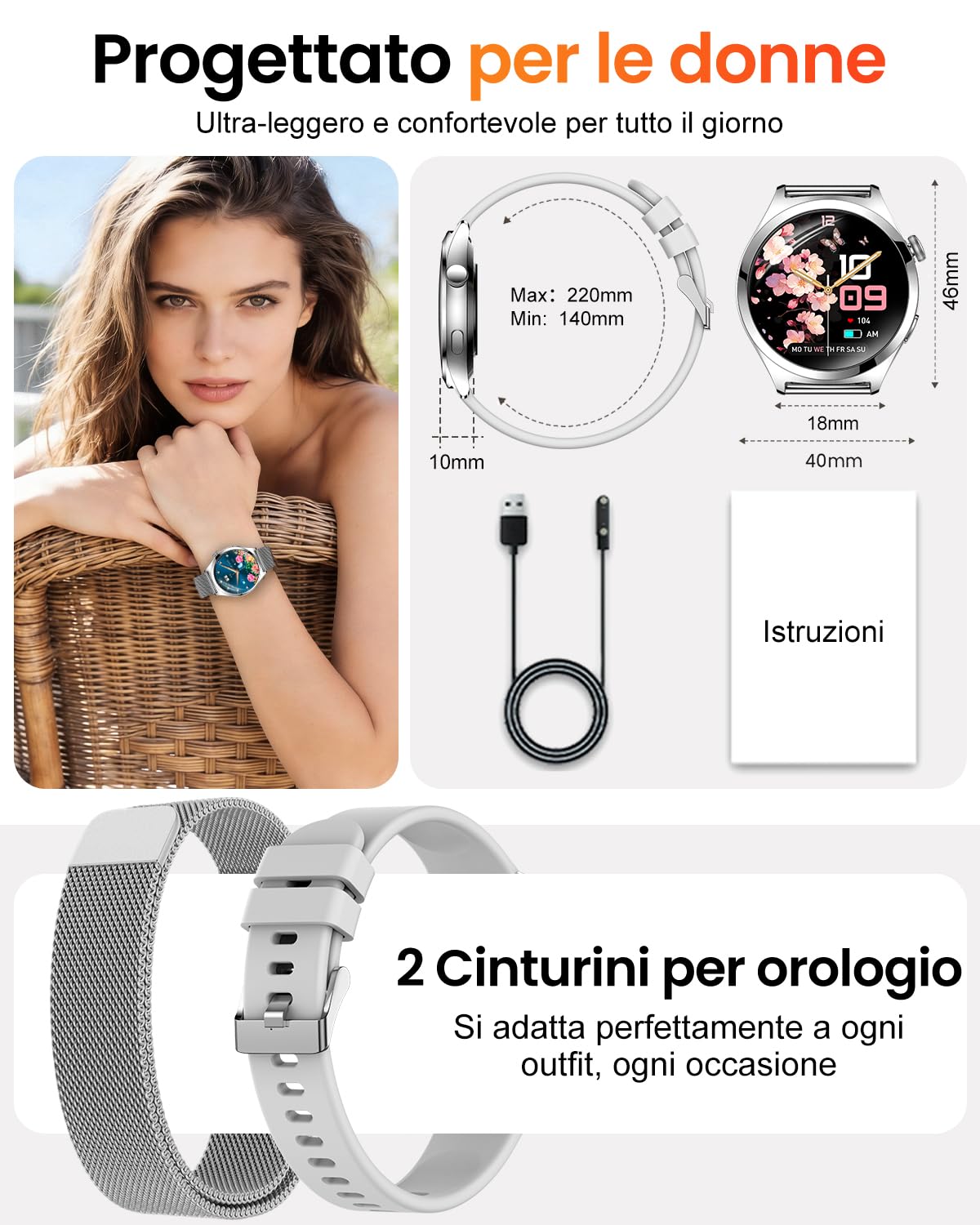 Smartwatch Donna Rotondo con Chiamate, Display Curvo HD da 1,27", Monitor Frequenza Cardiaca SpO2 Sonno, 120+ Modalità Sport, Impermeabile IP68, Smart Watch Donna per Android iOS (Argento)