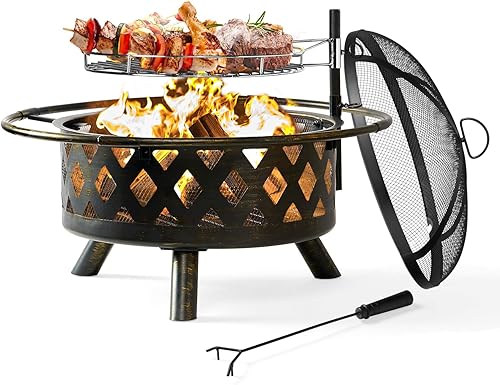 Oneinmil Pozo de fuego con parrilla, fogatas de leña para exteriores con parrilla de metal para barbacoa y póquer de fuego, hoguera al aire libre y