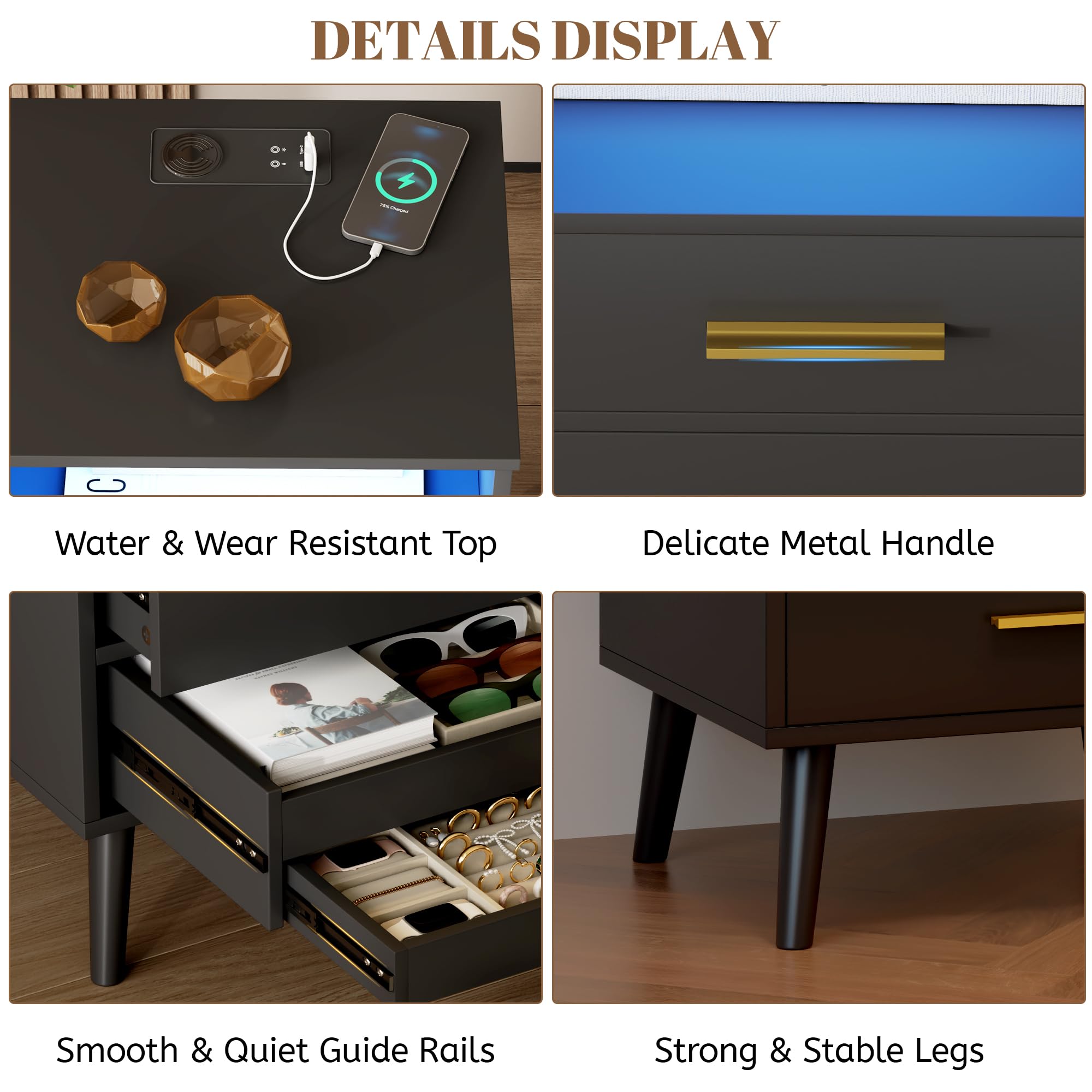 Vlsrka LED Comodino con Cassetto Nascosto, Comodino con Funzione di ricarica, Comodini moderni con 3 Cassetti, Comodini in Legno Camera da letto, Ricarica Wireless, Luci 3 colori, Nero