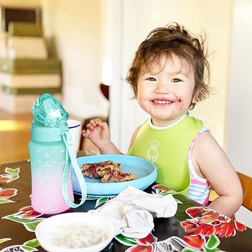 Miniatura 7 de Botella de agua de 12oz para niñosniñas pequeños, sin BPA, con marcador de tiempo que motiva a beber, 2 tapas de popoteboquilla, abre con un solo
