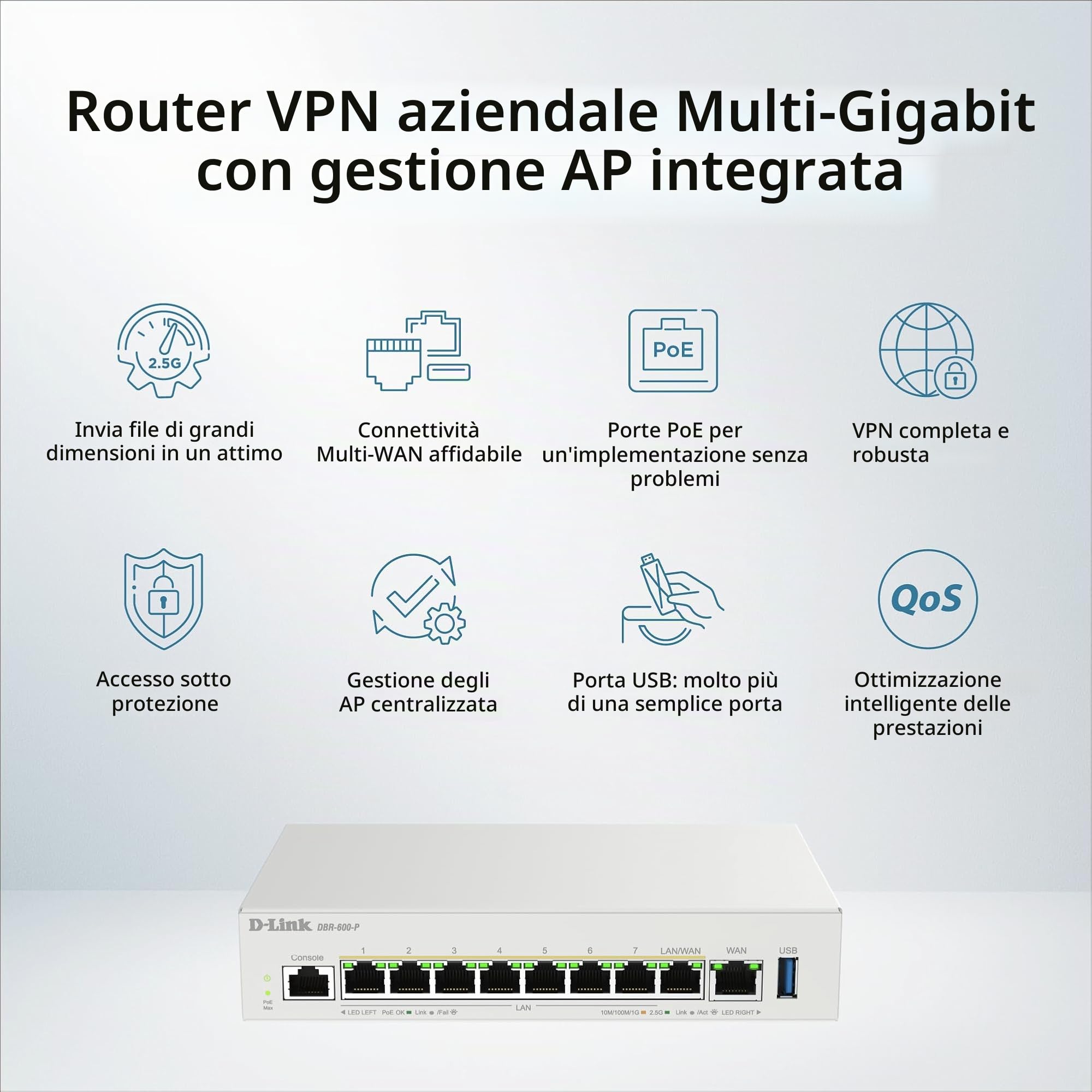 D-Link DBR-600-P Router PoE Business – Router VPN Dual WAN 2,5G con 8× Porte PoE+ (123W), Bilanciamento Multi-WAN, Sicurezza Firewall, Gestione AP – Ideale per Uffici e Caffetterie