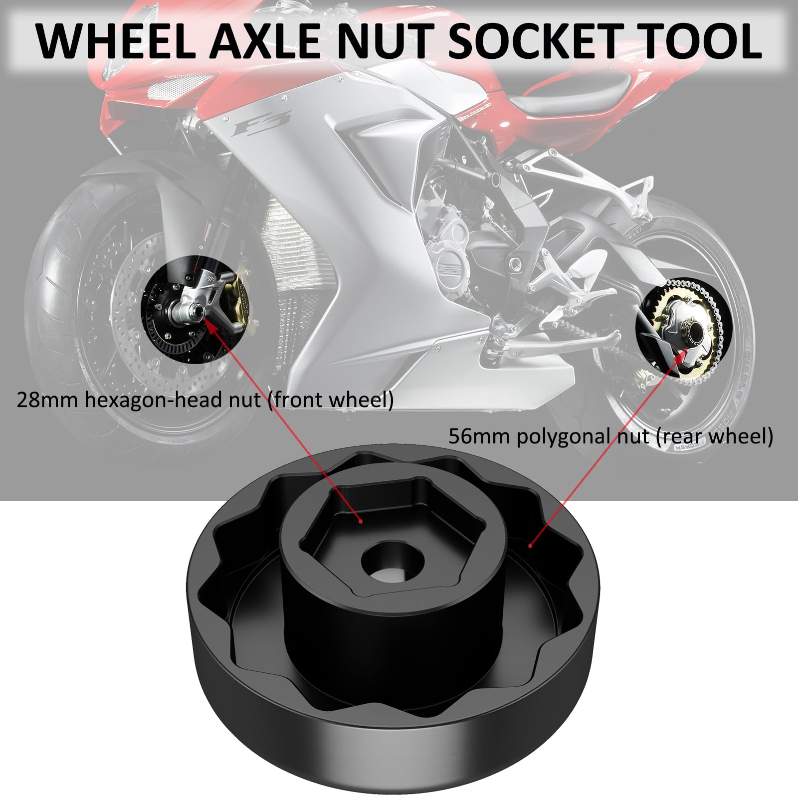 Stahl Radmutter Nuss für MV Agusta – 2-in-1 Achsmutter-Werkzeug vorne & hinten, passend für F3 675/800, Brutale 675/800, Turismo Veloce, Dragster, Rivale, Stradale, Superveloce – 1/2" Antrieb