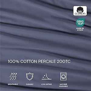 Lacoste 100% Cotton Percale 4-Piece Sheet Set Cool, Crisp, Matte, and Durable, Oeko-Tex Certified Solid, Vintage Indigo, Queen
