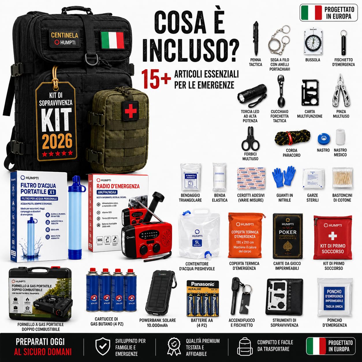 Kit di sopravvivenza completo 2026, zaino emergenza 72 ore per casa e campeggio, con radio solare, fornello da campeggio a gas portatile, 3 lampade, kit di primo soccorso, paracord e coperta termica