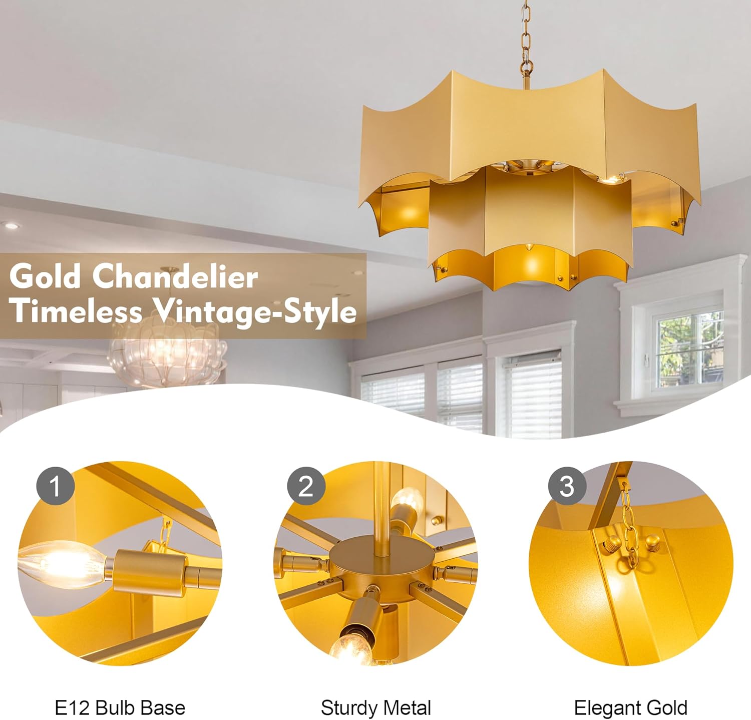 TOCHIC 27.95" Vintage Chandeliers for Dining Room, 2 Tiers Gold Drum Chandelier, Farmhouse Chandelie Light Fixture with Adjustable Chain for Living Room, Bedroom, Entryway, Dimmable