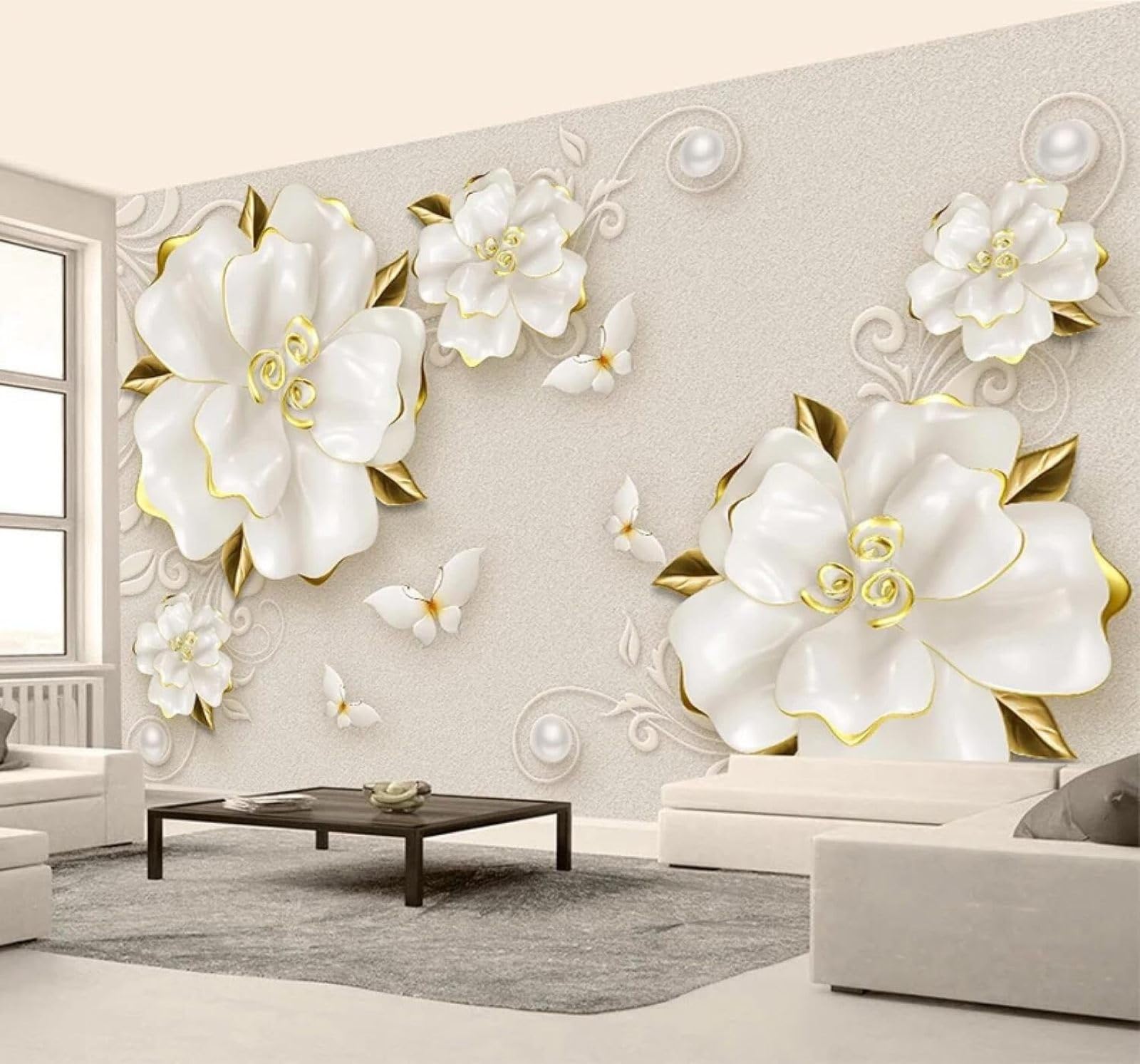 XLMING Three Dimensional White Roses Butterflies Jewellery 3D Wallpaper Luxury Silk Study Dining Feature Sofa Grey Bedroom Living Room Tv Decorative Wall-200cm×140cm