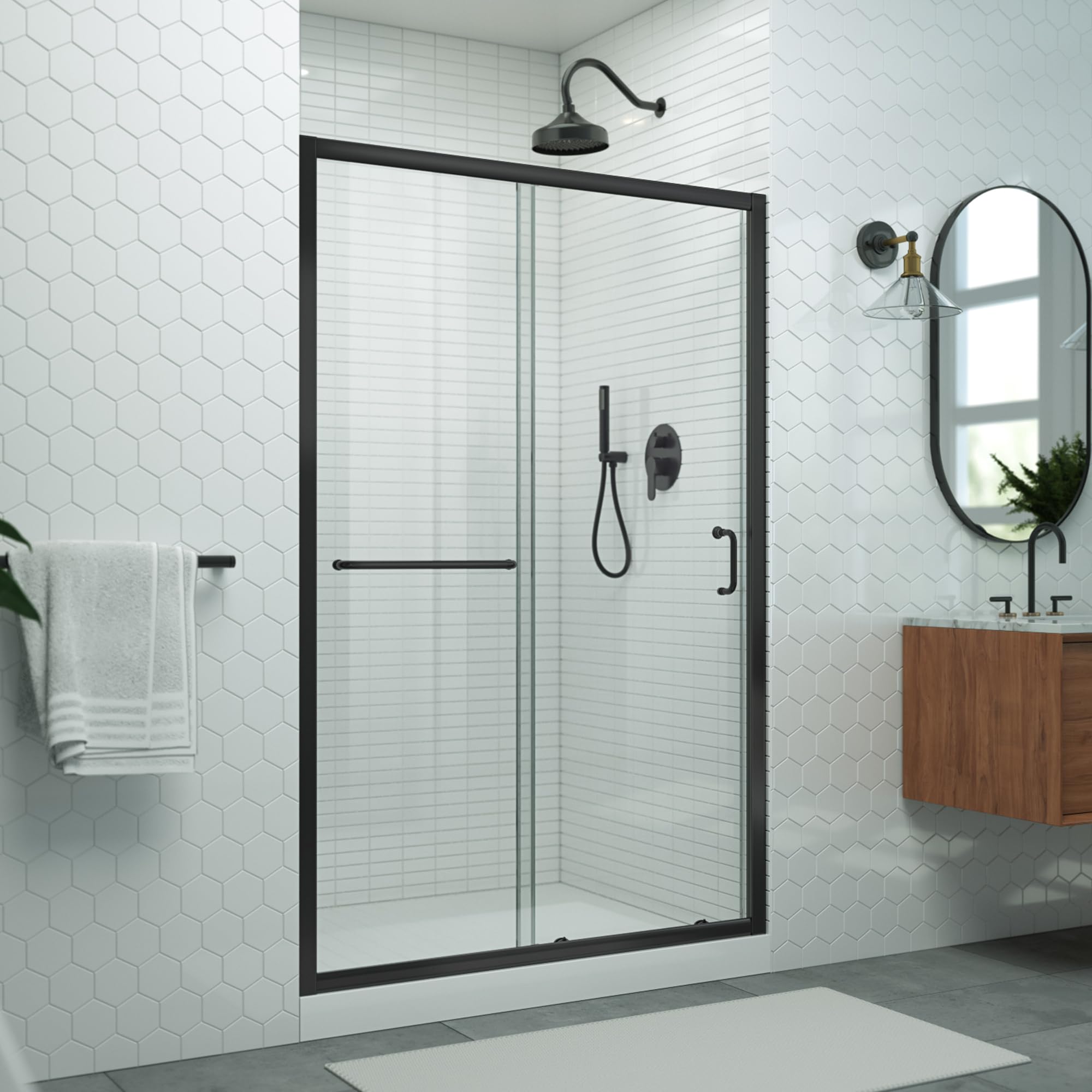 DreamLine Levantine 44-48 in. W x 72 in. H Semi-Frameless Sliding Shower Door, Clear Glass in Matte Black