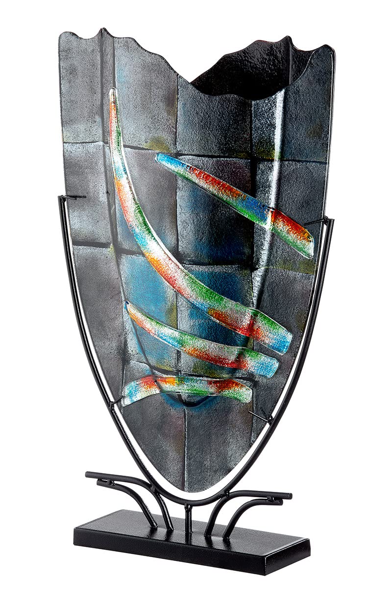 GILDE GLAS art Design Dekovase aus Glas - mit Metallständer - Geschenk für Frauen Geburtstag Valentinstag Muttertag - Farbe: grau - Höhe 58 cm