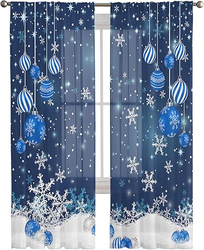 Miniatura 2 de Cortinas traslúcidas de Navidad de 84 pulgadas de largo, bolas de Navidad azul marino, paneles de tratamiento de ventana de copo de nieve de