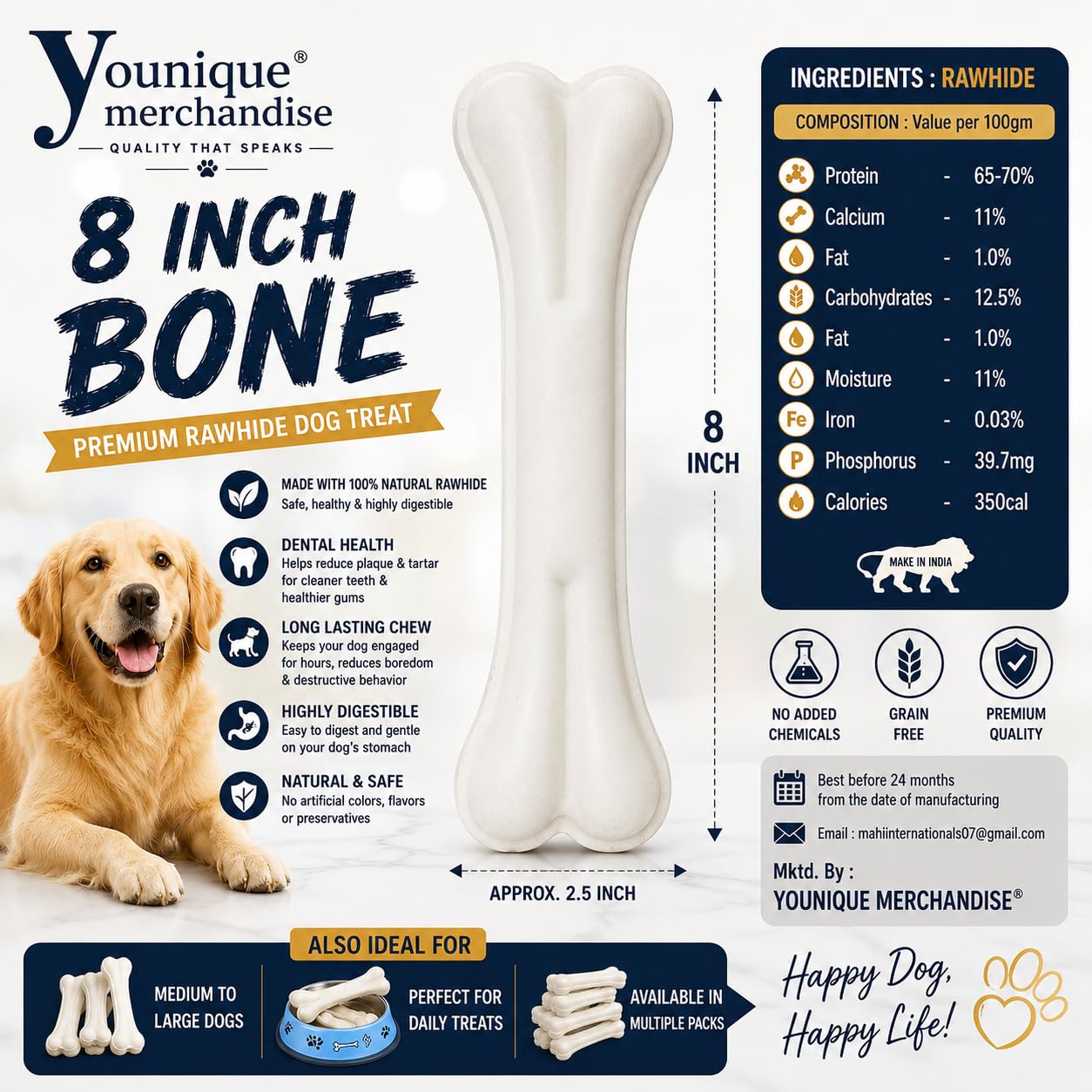 YOUNIQUE MERCHANDISE 8-Inch Pressed Rawhide Dog Chew Bones (500g) – Natural & Edible, Promotes Dental Health, Reduces Tartar & Plaque, Relieves Teething Pain 1