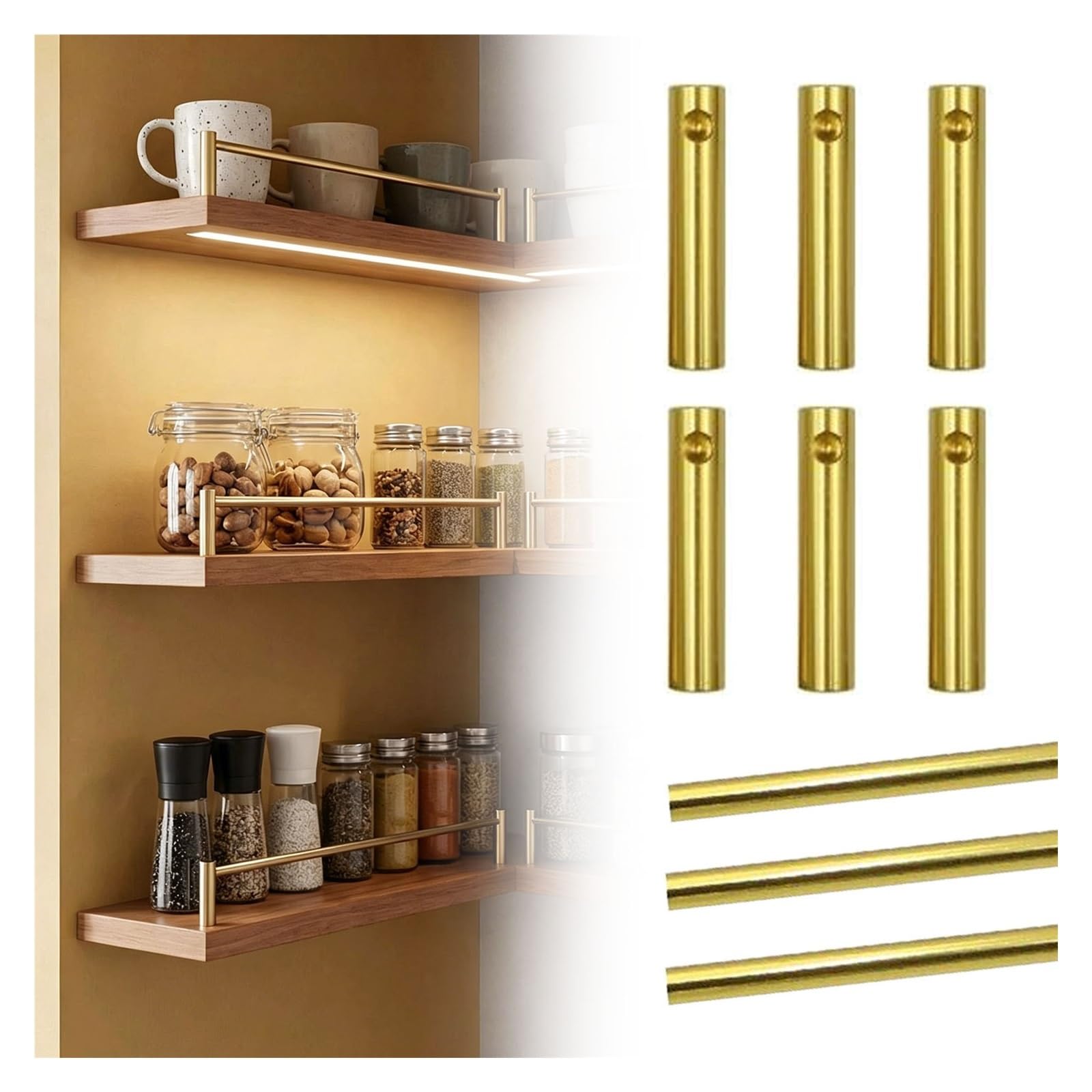 JYHHCYS Set of 3 Aluminum Tipping Gallery Rails Set, Modern Minimalist Shelf Rail for Shelves Furniture, Custom Sizes Anti-Fall Guard Fence With Screw(Gold,40cm/15.7in)