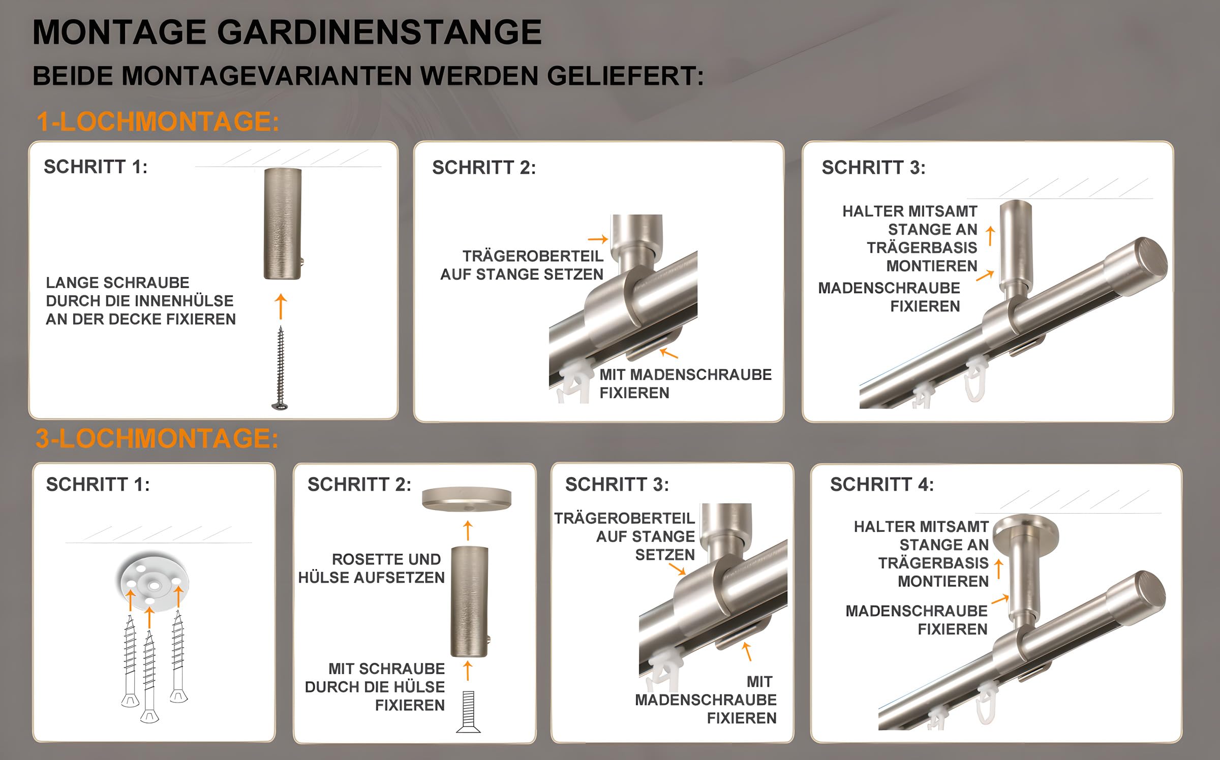 iso-design Gardinenstange Innenlauf zur Deckenmontage 20 mm Durchmesser in Farbe Edelstahl, Innenlaufstange mit Deckenhalter, Endstück Kappe, 280 cm (2 x 140 cm)