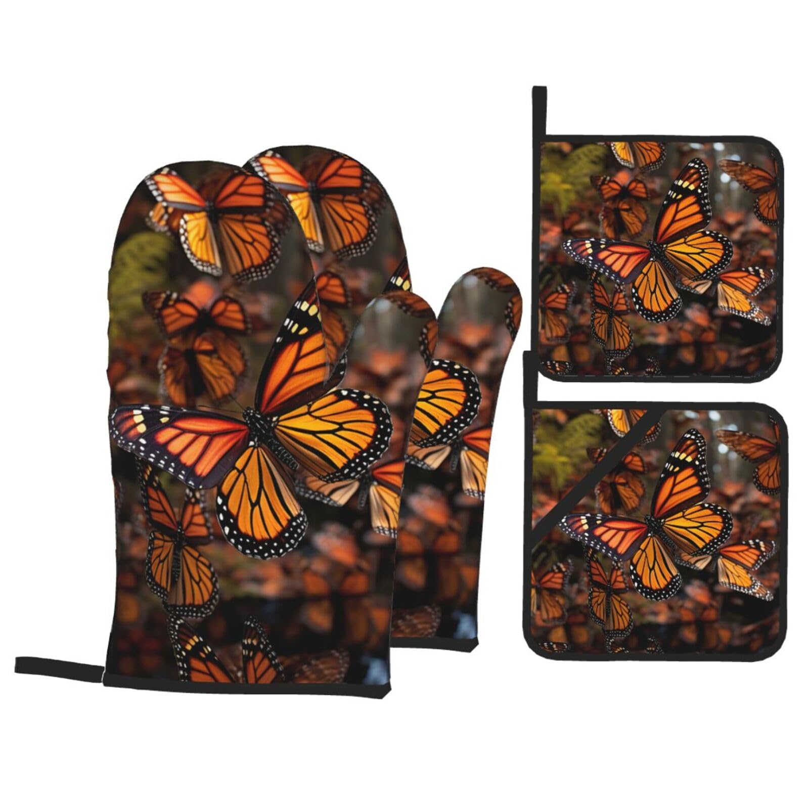 4 Piece Oven Mitts and Pot Holders Set Heat Resistant Oven Gloves and Potholders BBQ Gloves Hot Pads Monarch Butterflies Cooking Gloves for Kitchen Baking Grilling