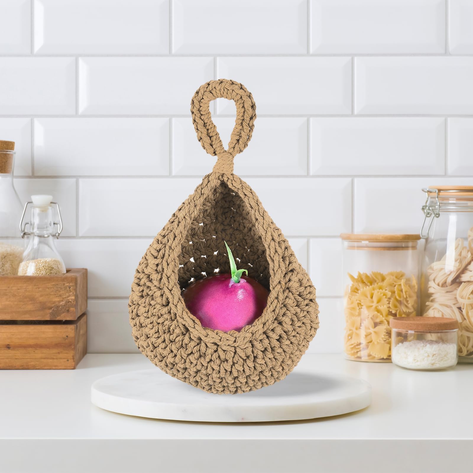 Panier Suspendu Tissé Main Pour Cuisine - Rangement Ail, Oignons, Fruits - 21x21 Cm