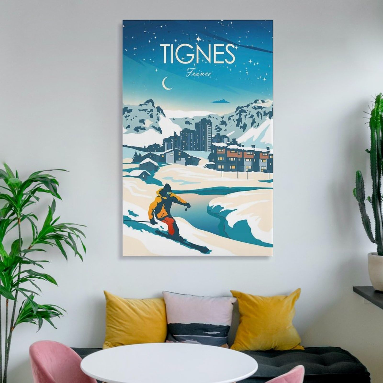 FUPMTKLT Poster su tela, motivo: Ski Tignes France Skiers, decorazione per camera da letto, ufficio, camera da letto, regalo, 60 x 90 cm