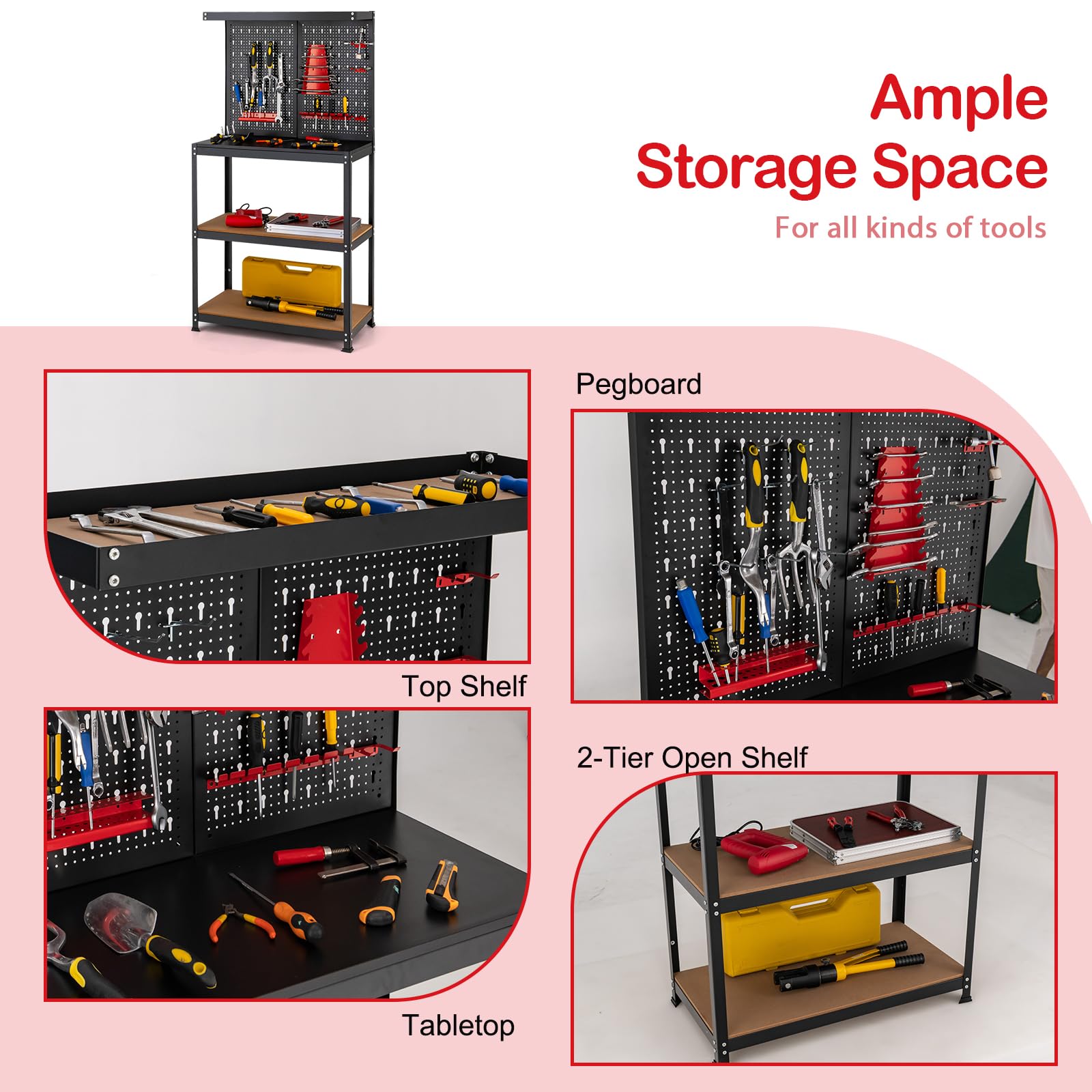 SOARS Établi Atelier Garage 81 X 41 X 156 CM, Rangement Outils en Métal en 2 Panneaux Perforé avec Kit de 14 Crochets, 2 Étagères, Charge 100 KG, pour Garage, Atelier (Noir+Rouge, 81 x 41 x 156 cm)