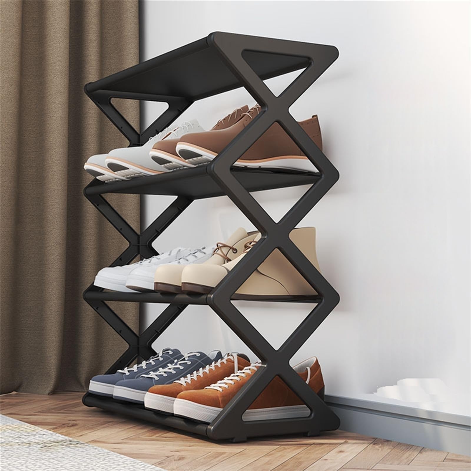 Portascarpe, ripiano portascarpe a 4 Ripiani, scaffale portascarpe Indipendente, Organizer per Ingresso con Tubi in Acciaio e Struttura Fissa a Forma di X, Ripiani per organizzazione Scarpe