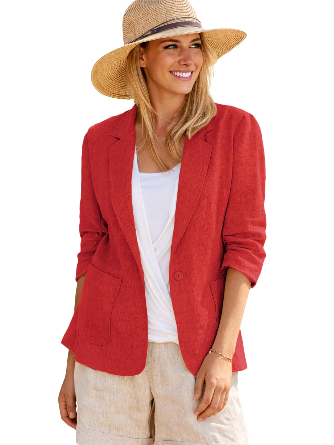 Mina Self 2026 Summer Women’s Linen Blazer Jacket - Lightweight Breathable 3/4 Stretchy Ruched Sleeve Casual Work with Pocket
