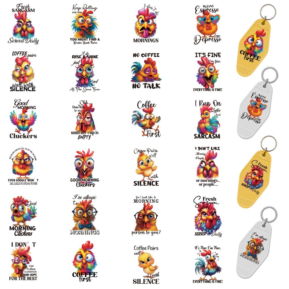 Autocollants transfert UV DTF imperméables porte-clés acrylique motif poulet