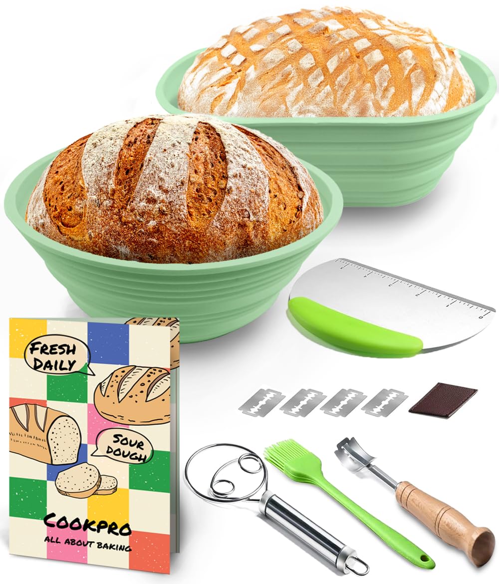 Silicone Banneton Bread Proofing Baskets Set - 9 Inch Round & 10 Inch Oval bowls, Foldable Sourdough Baking Basket, Complete starter Kit for Bread Making With Essentials, Easy to Clean and Store