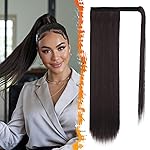 BARSDAR Darkest Brown Straight Ponytail Extension - 18 Inch Long Straight Wrap Around Ponytail for Women, Clip in Ponytails Hair Extensions Synthetic Brown Pony Tails Hairpieces Daily