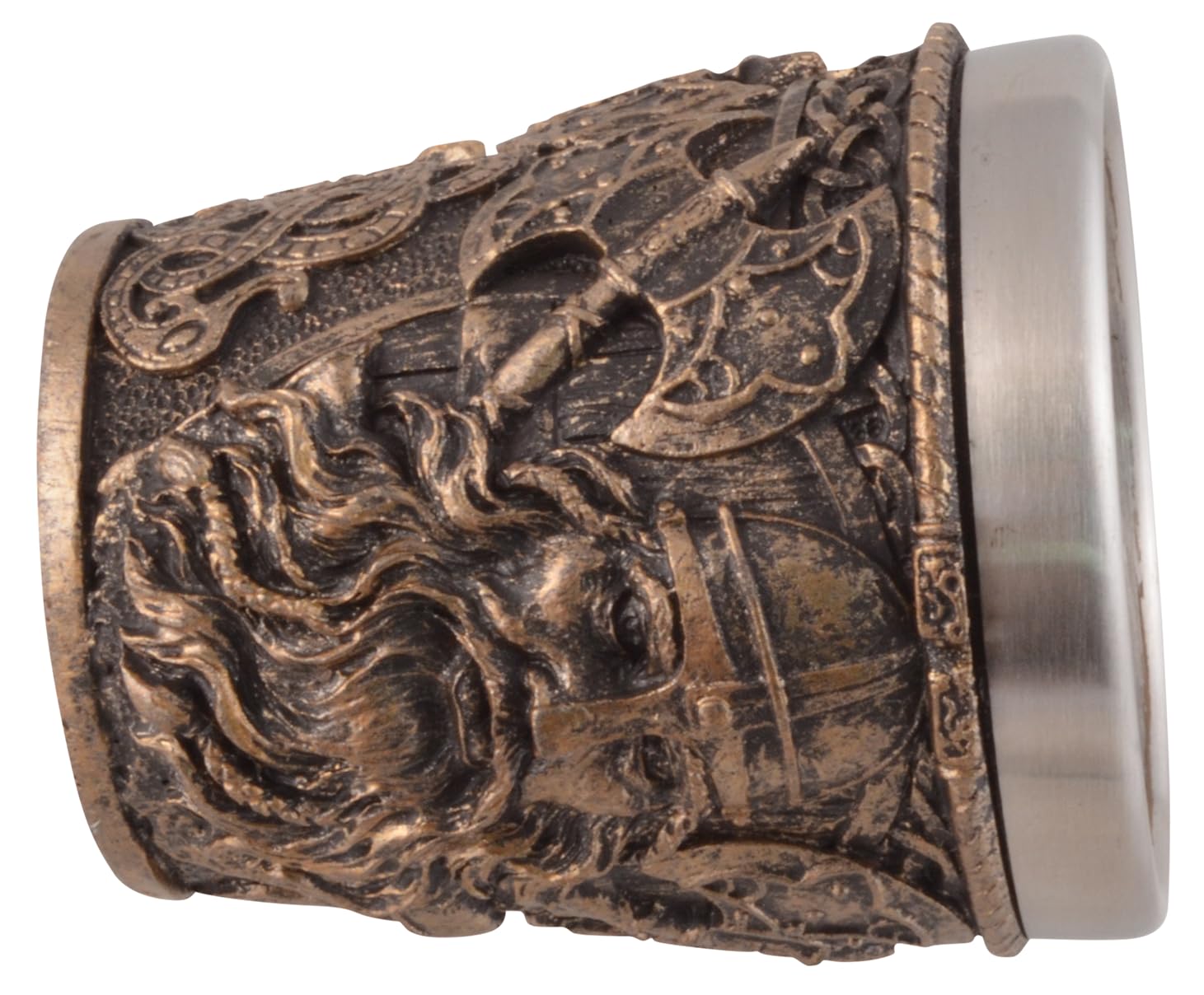 VOGLER Joh. Vogler GmbH Lot de 4 verres à shot en forme de tête de viking, avec insert en acier, en pierre artificielle, peint à la main, couleur bronze, volume : 50 ml