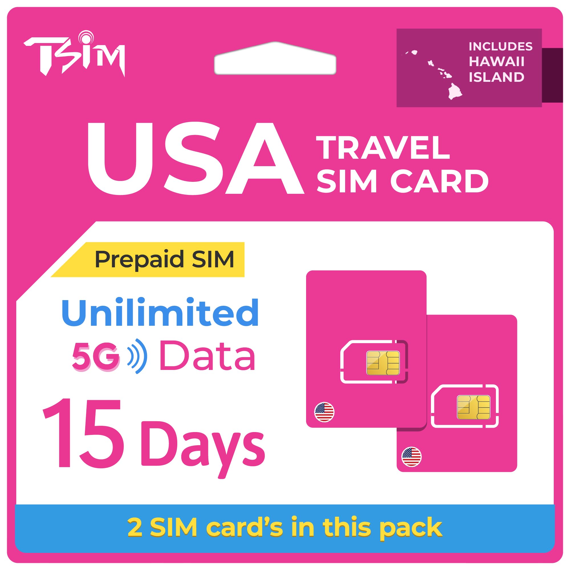 Tarjeta SIM prepago USA Viaje – Paquete de 2 | 15 Días | Datos 5G ilimitados, Llamadas y SMS en la Red T-Mobile (Hawái Incluido) | ¡Tarjeta SIM 5G Mejorada!