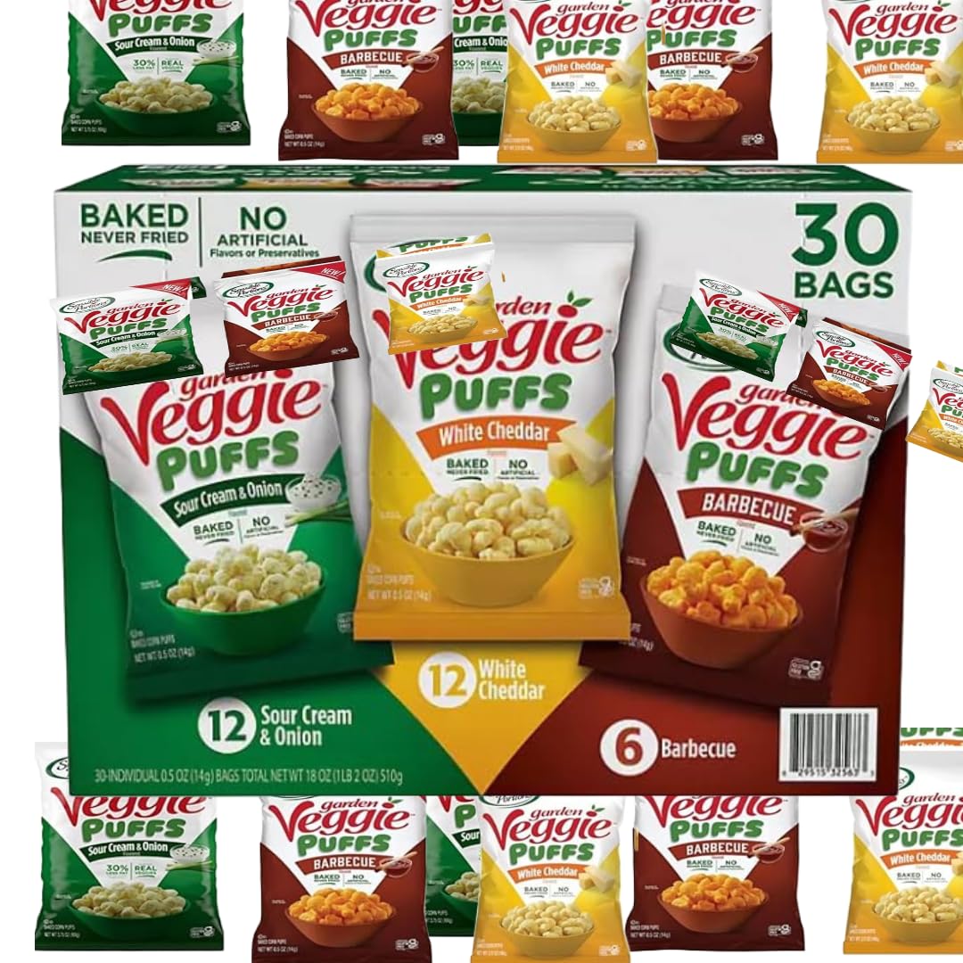 Garden Vegie Variety Pack Puffs - Sour Cream and Onion, White Cheddar, Barbecue - Snack for Health-Conscious Consumers 