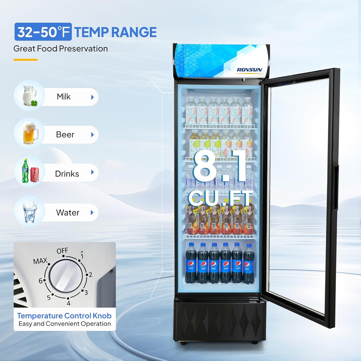 ROVSUN 8.5 Cu.Ft Commercial Beverage Refrigerator ETL NSF, Merchandiser Refrigerator Display Refrigerator Beverage Cooler Glass Door Fridge w/Adjustable Shelves LED Light for Bar Restaurant Cafe