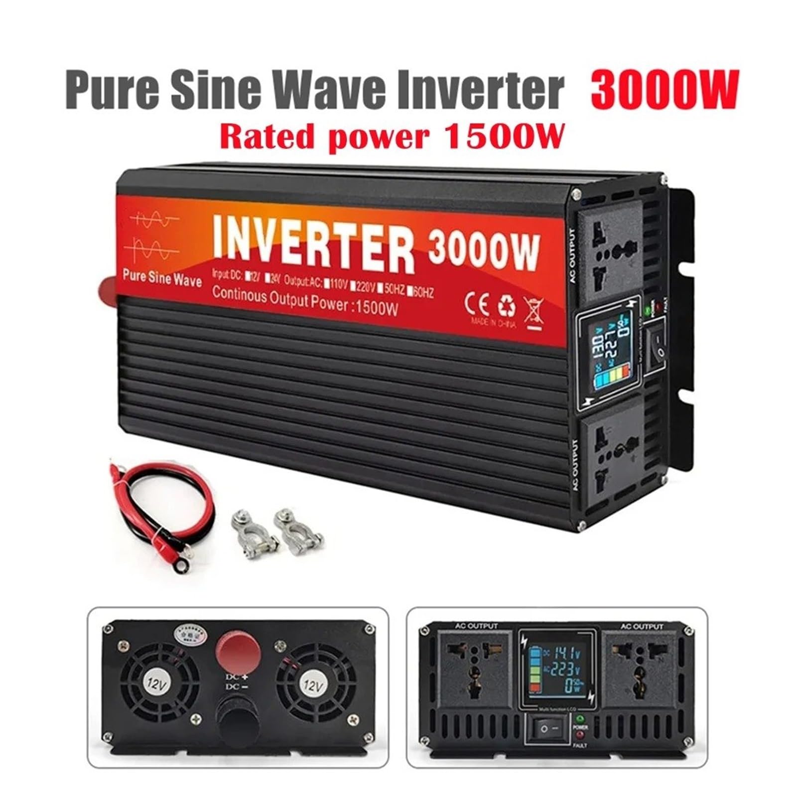 POWERinvert Onduleur Voiture 3000 W À Onde Sinusoïdale Double Prise Écran LCD Convertisseur Tension CC 12 V 24 V vers CA 220 V(12V,110V 60HZ,Universal)