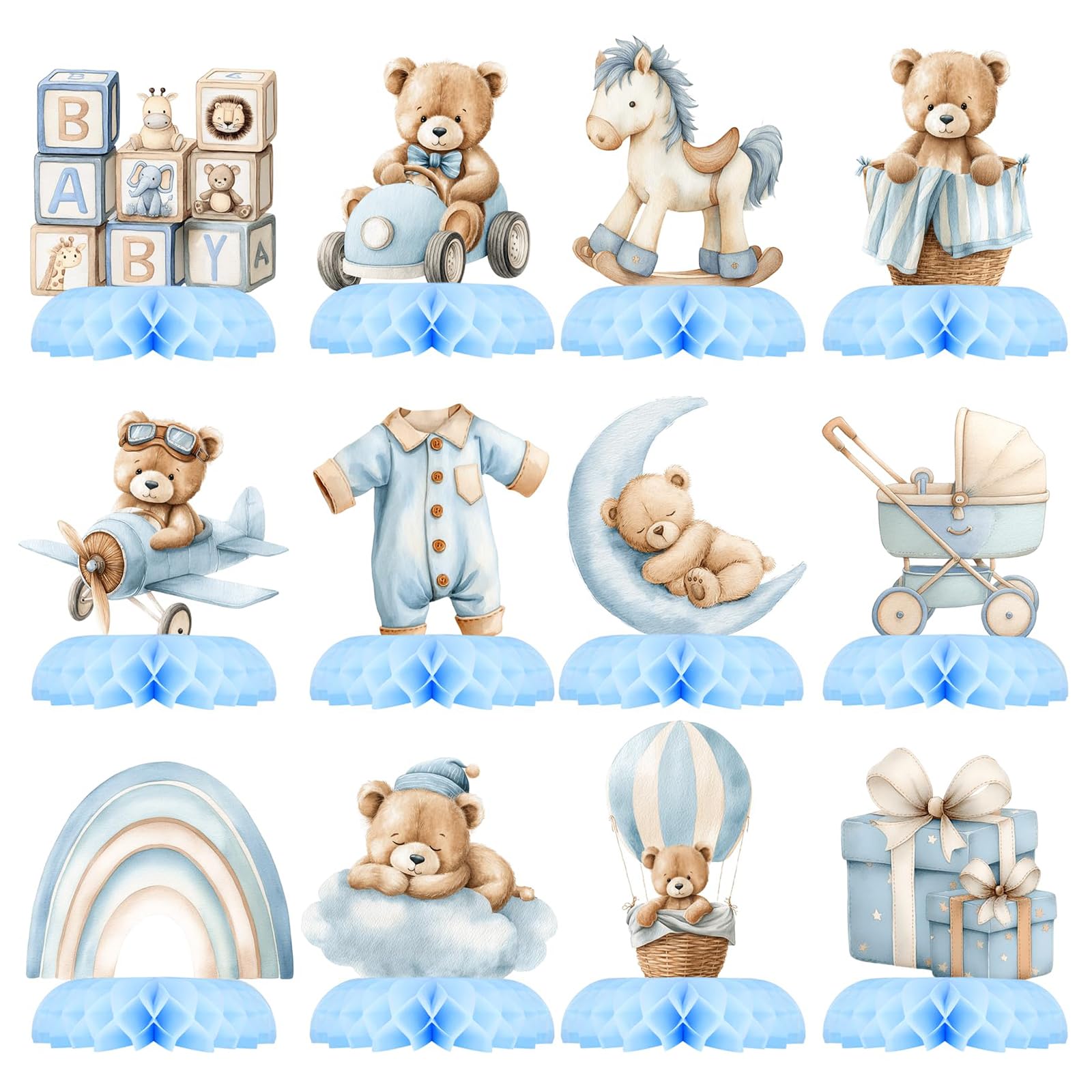 Exylosluxek Honeycomb Ornament Table Decorations, 12 Pack Blue Teddy Bear Balloons Themed Party Decorations