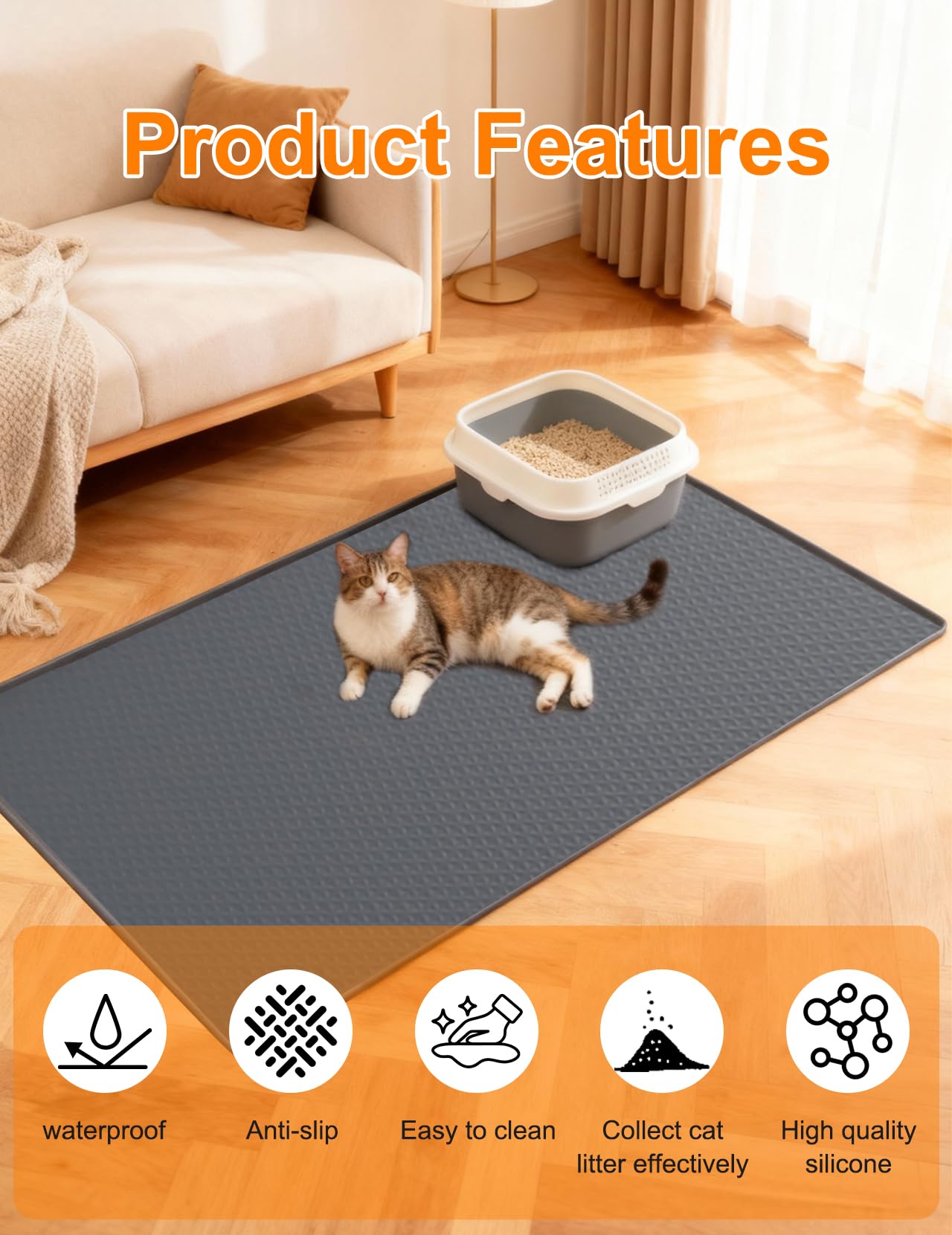 Alfombrilla Arenero Gato130×65 cm, XXL Alfombra Gatos Arenero, Tapete Silicona Impermeable, Antideslizante y Fácil de Limpiar, para Recoger Arena Hogares de Varios Gatos